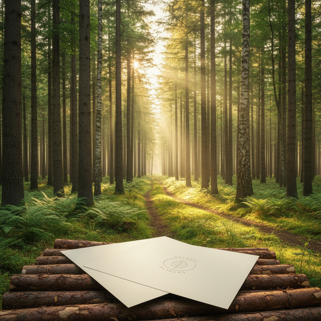 A sprawling, sustainable forest at sunrise with soft sunlight filtering through the canopy, emphasizing the natural source of wood pulp for high-quality paper production.