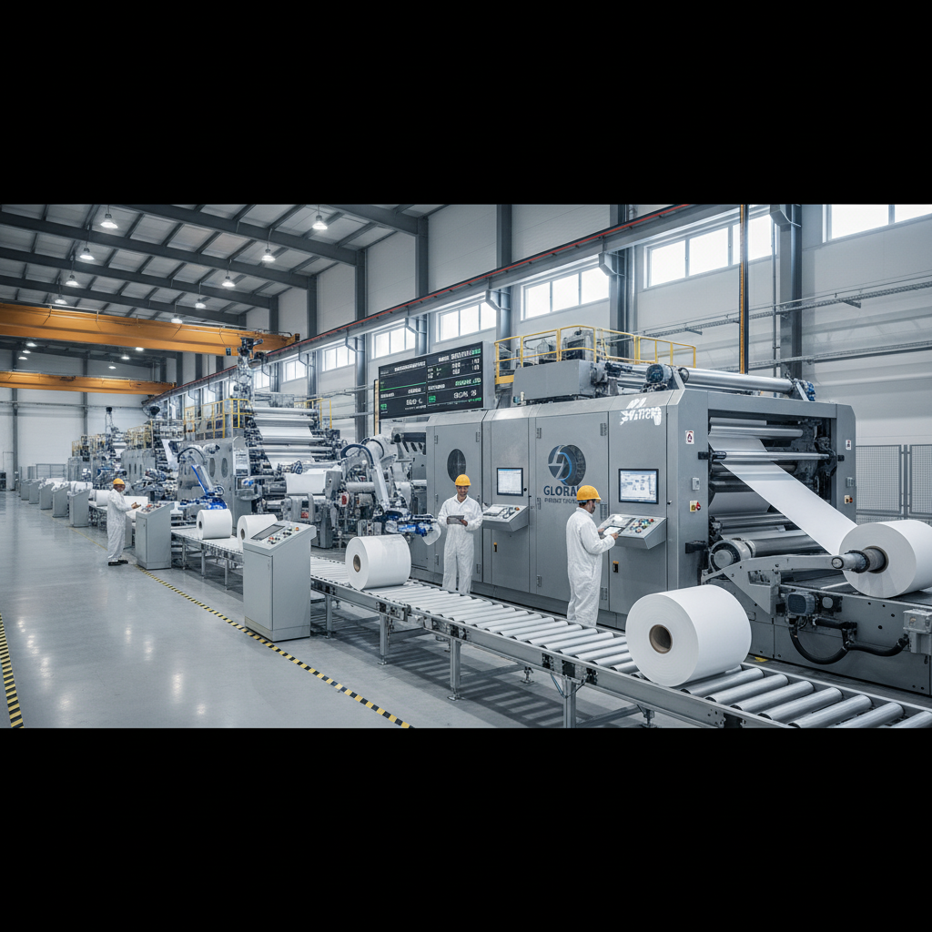 A wide-angle shot of a state-of-the-art paper manufacturing facility, featuring massive automated paper machines and a clean, organized industrial floor.