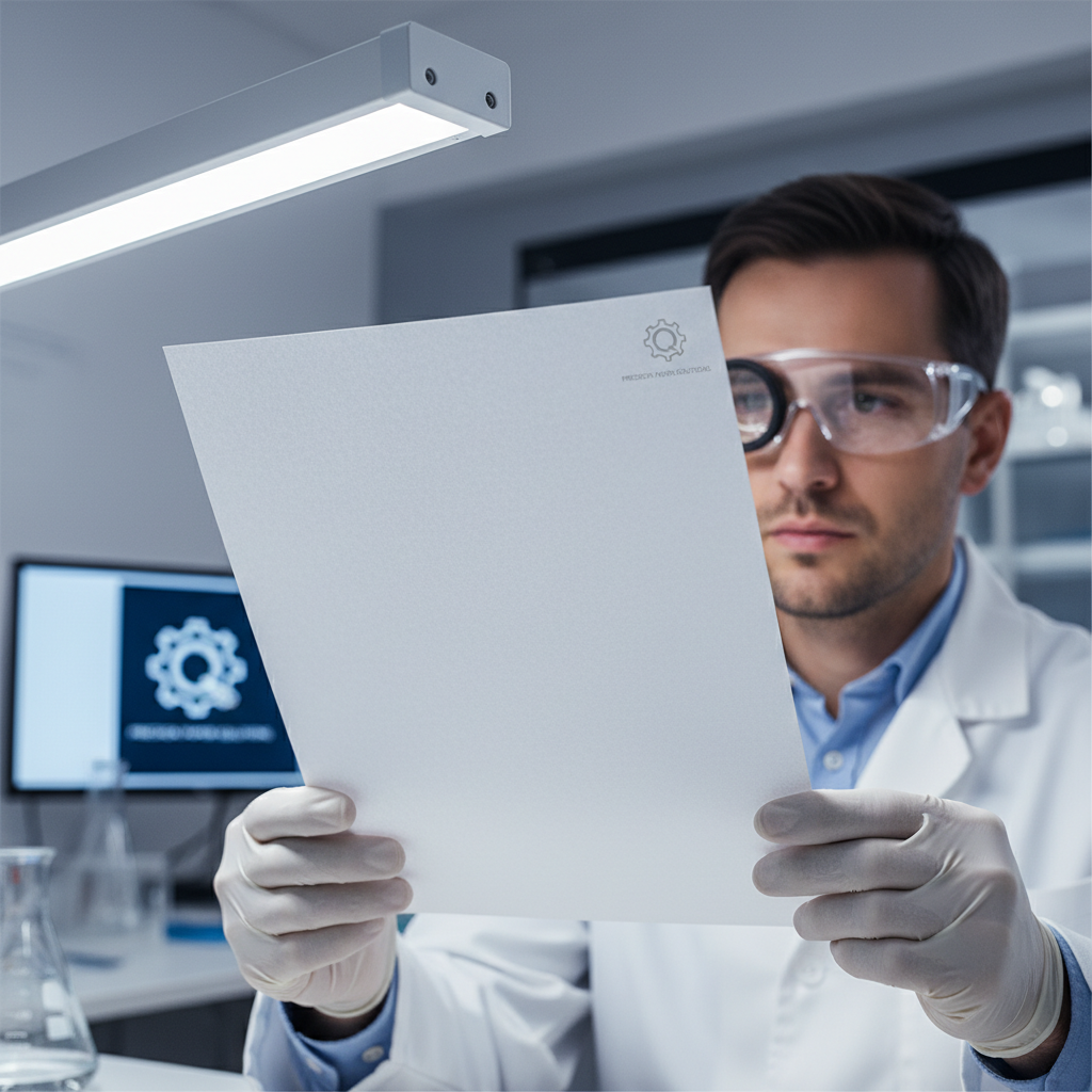 A close-up of a quality control expert in a laboratory setting, meticulously inspecting the texture and opacity of a crisp white paper sheet under bright LED lights.