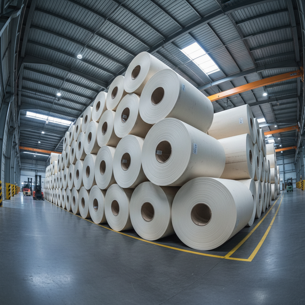 Multiple massive rolls of industrial-grade paper stacked vertically in a modern warehouse, captured from a low angle to showcase the scale and volume of production.