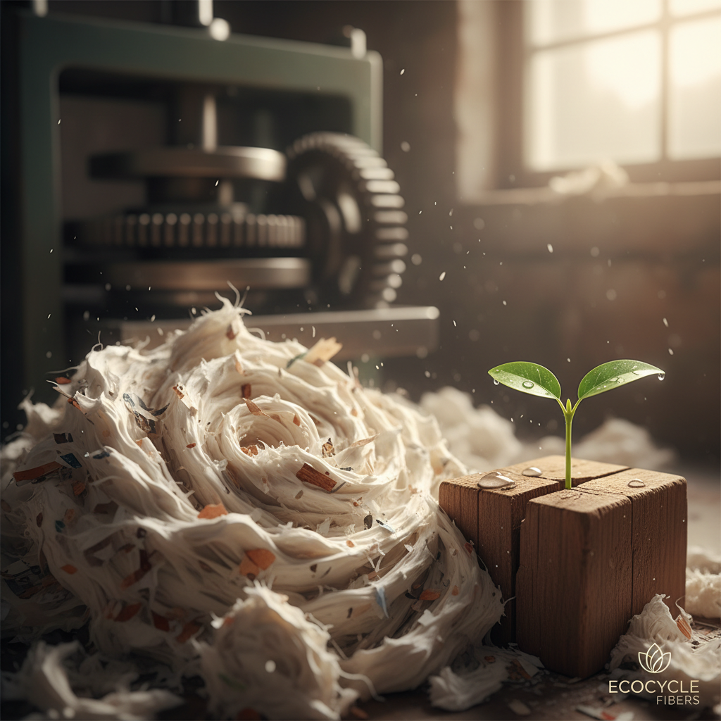 An artistic composition of eco-friendly recycled paper pulp being processed, with a focus on its organic texture and a small green sprout emerging nearby to represent sustainability.
