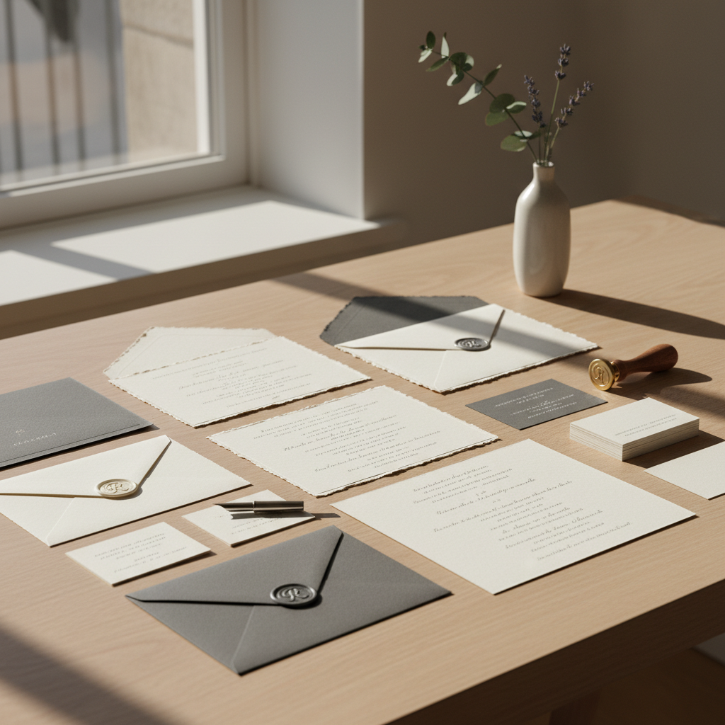 A high-resolution shot of premium stationery, including thick cardstock and textured envelopes, neatly arranged on a minimalist wooden desk with soft natural lighting.