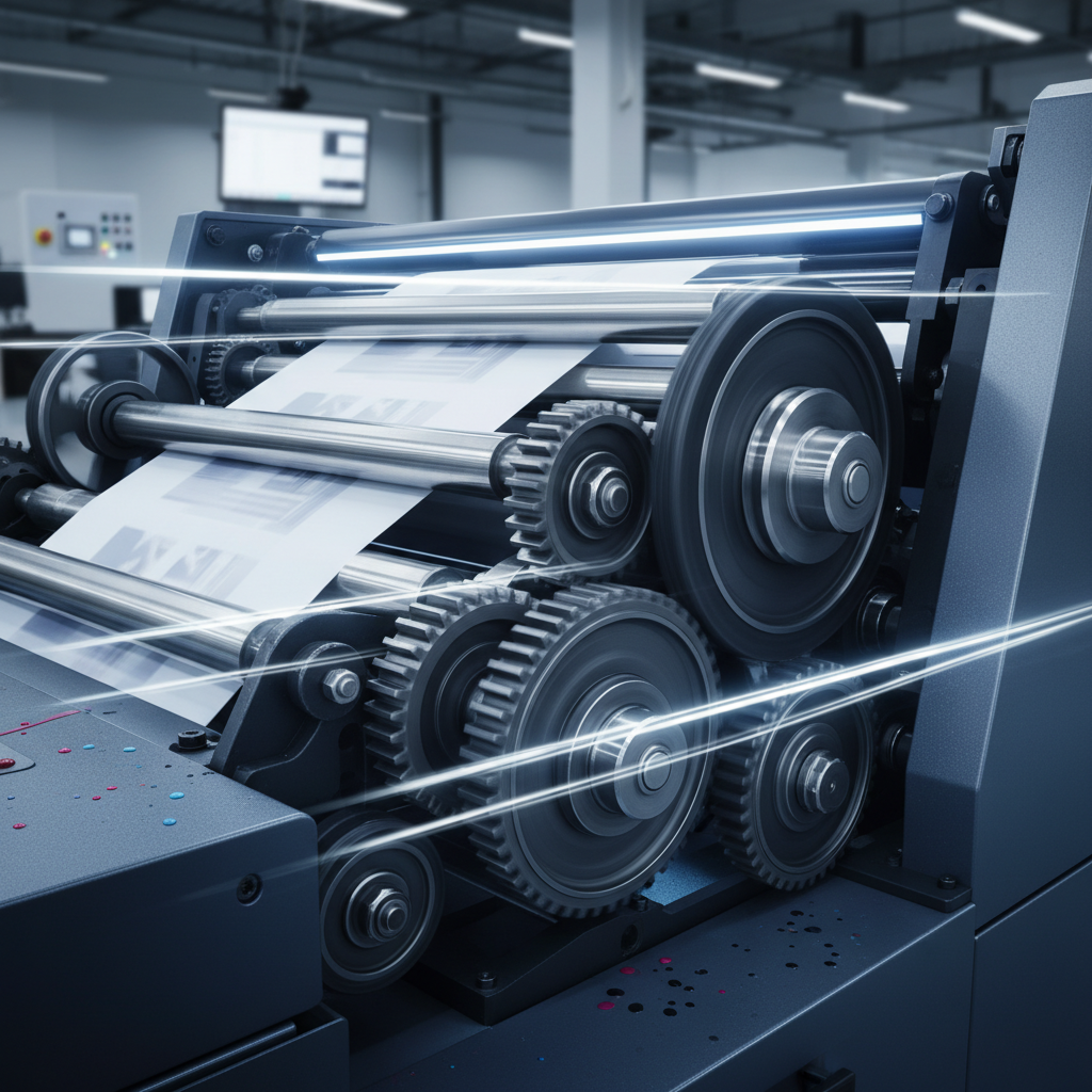 The intricate mechanical gears and rollers of a high-speed paper printing press in motion, with a slight motion blur to convey efficiency and modern technology.