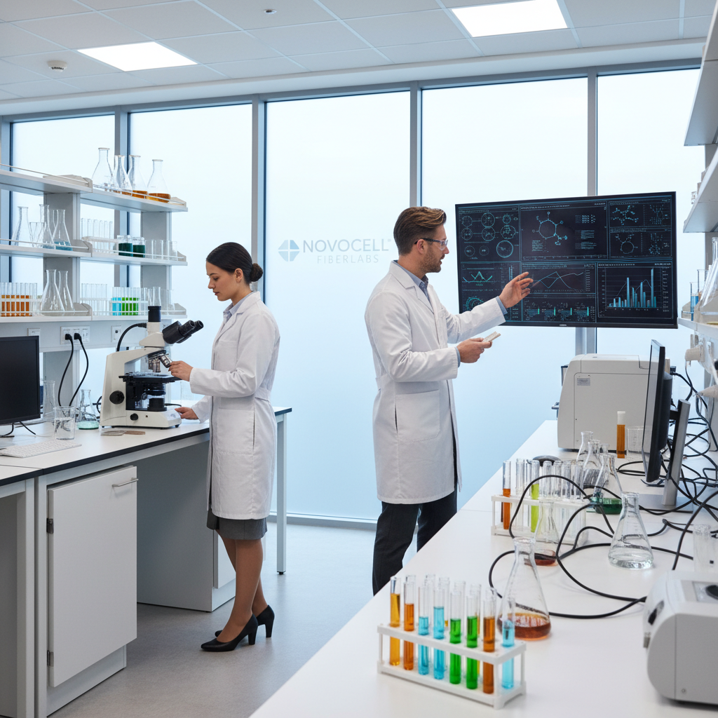 Professional researchers in a bright, modern R&D lab analyzing wood fiber samples under a microscope, surrounded by glass test tubes and digital monitoring equipment.
